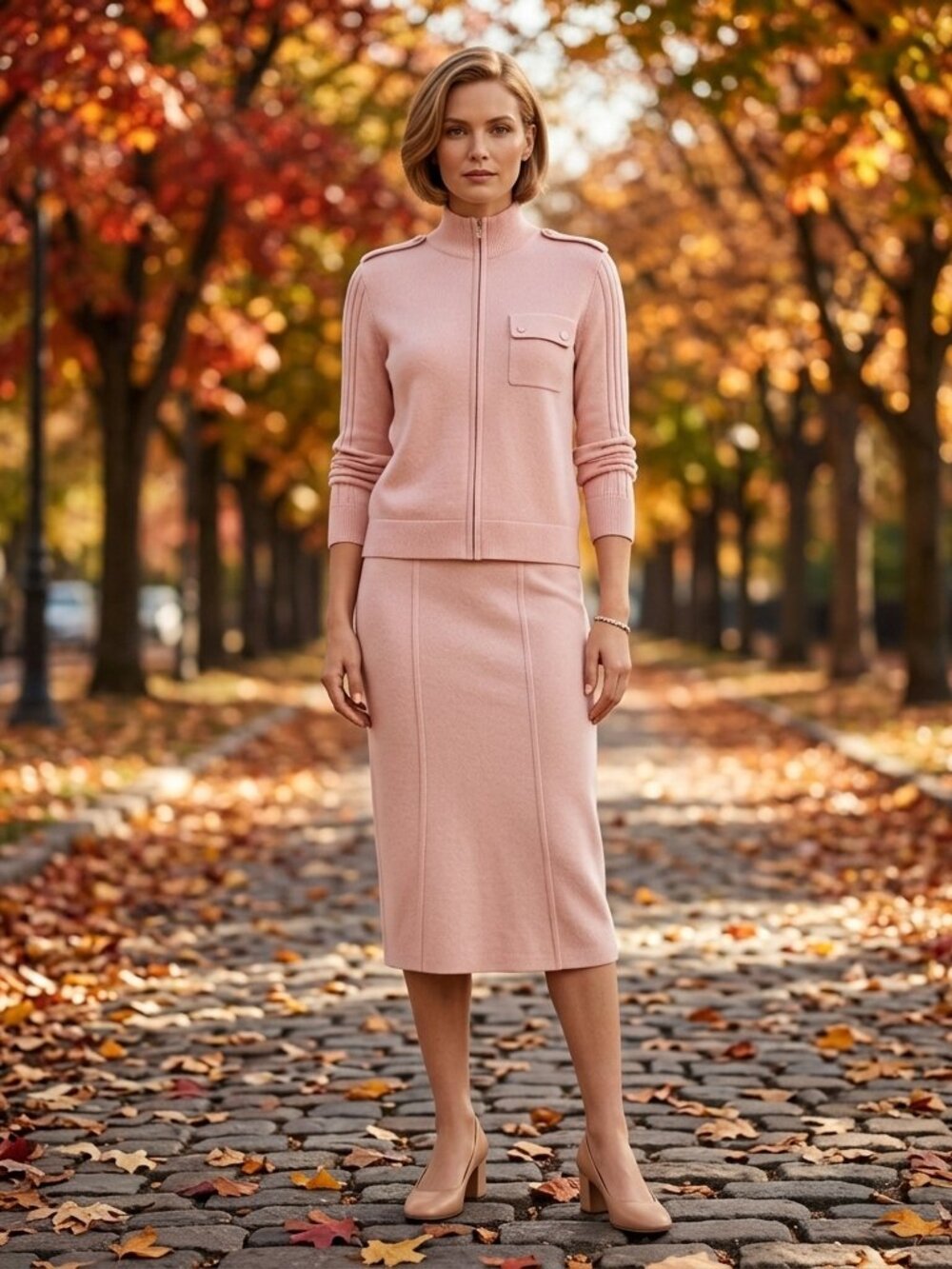 Vintage  70% Wool Premium Knit Set — Mock Neck Zip Cardigan & Midi Skirt